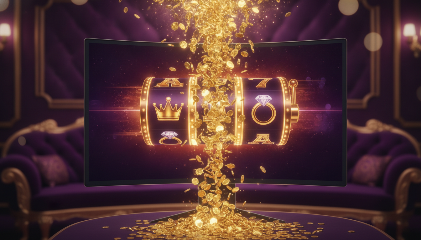 Premium online casino welcome bonus concept with golden coins and glowing slot reels