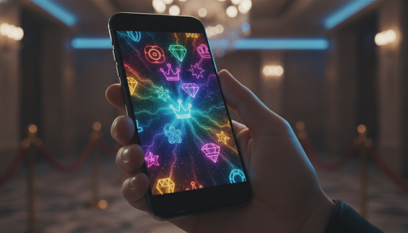 Smartphone showing a premium mobile casino slot game held in hand with soft neon lighting